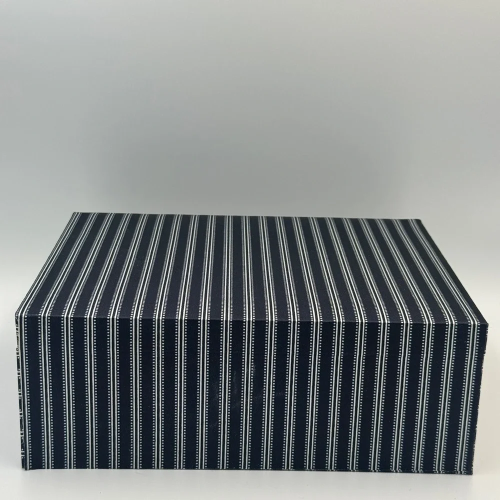 Avon Jewelry Box Navy Blue Pinstripe Brown Satin Lining Removable Tray Organizer